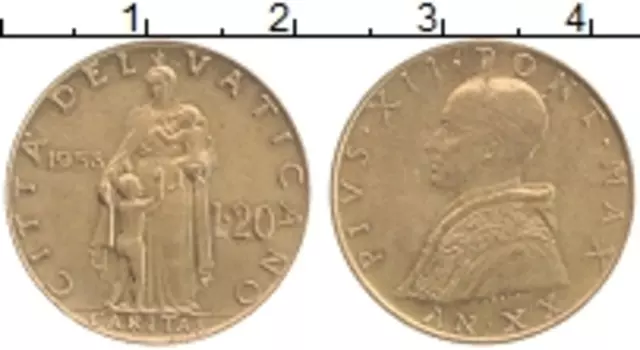 Монета 20 лир Ватикана 1958 года Бронза Пий XII