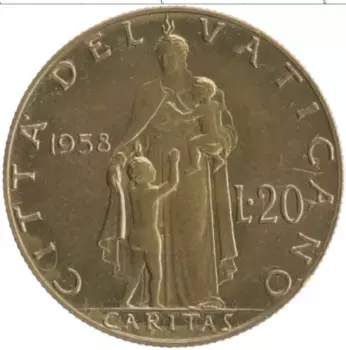 Монета 20 лир Ватикана 1958 года Бронза Пий XII