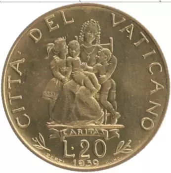 Монета 20 лир Ватикана 1959 года Бронза Иоанн XXIII
