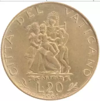 Монета 20 лир Ватикана 1961 года Бронза Папа Иоанн XXIII
