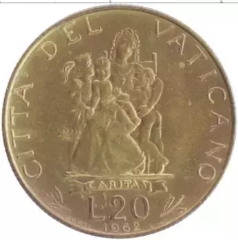 Монета 20 лир Ватикана 1962 года Бронза Иоанн XXIII