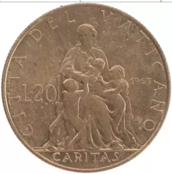 Монета 20 лир Ватикана 1963 года Бронза Павел VI