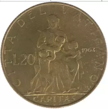 Монета 20 лир Ватикана 1964 года Бронза Павел VI