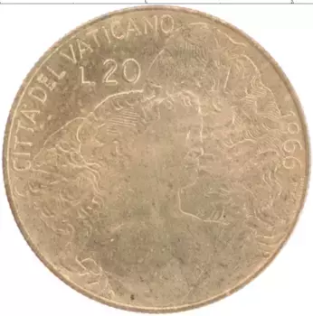 Монета 20 лир Ватикана 1966 года Латунь Павел VI