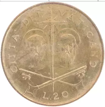 Монета 20 лир Ватикана 1967 года Бронза Павел VI
