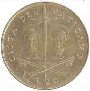 Монета 20 лир Ватикана 1967 года Бронза Павел VI