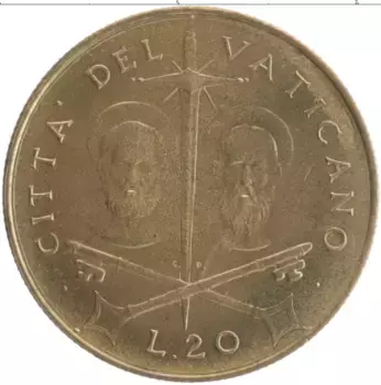 Монета 20 лир Ватикана 1967 года Бронза Павел VI