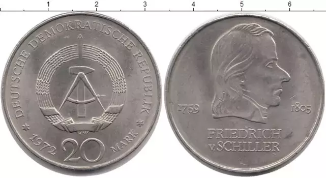 Монета 20 марок ГДР 1972 года Медно-никель Шиллер
