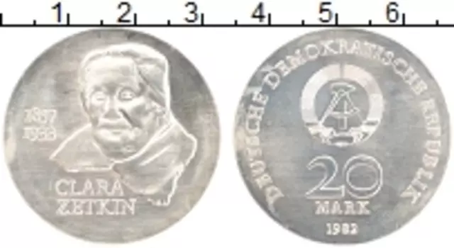 Монета 20 марок ГДР 1982 года Серебро 125 лет со дня рождения Клары Цеткин