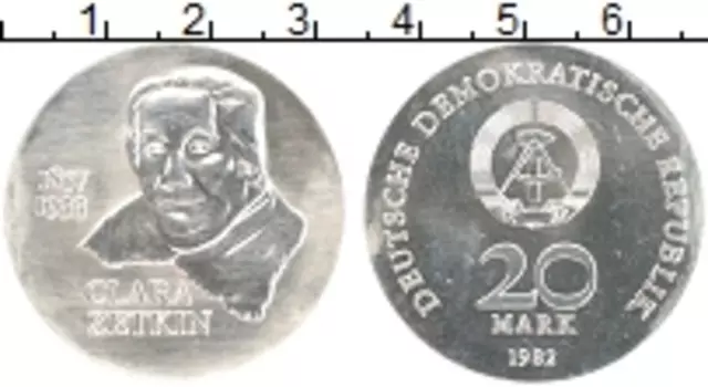 Монета 20 марок ГДР 1982 года Серебро 125 лет со дня рождения Клары Цеткин