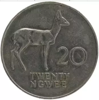 Монета 20 нгвей Замбии 1988 года Медно-никель