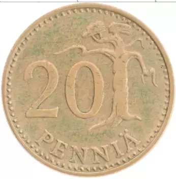 Монета 20 пенни Финляндии 1974 года Латунь