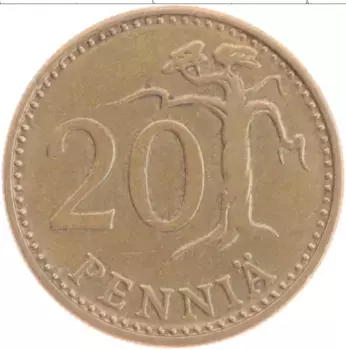 Монета 20 пенни Финляндии 1975 года Латунь