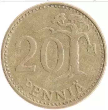 Монета 20 пенни Финляндии 1977 года Бронза