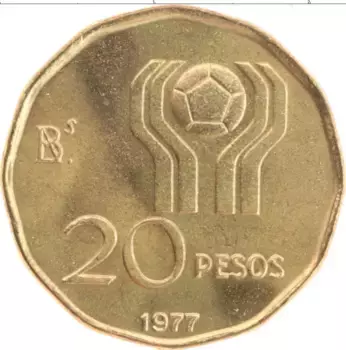 Монета 20 песо Аргентины 1977 года Латунь Чемпионат Мира по футболу