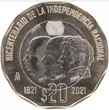Монета 20 песо Мексики 2021 года Биметалл 200 лет Независимости