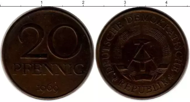 Монета 20 пфеннигов ГДР 1969 года Латунь