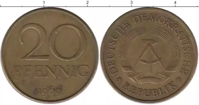 Монета 20 пфеннигов ГДР 1969 года Латунь