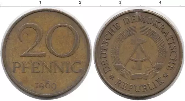 Монета 20 пфеннигов ГДР 1969 года Латунь А