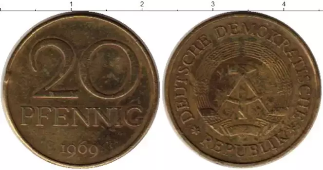 Монета 20 пфеннигов ГДР 1969 года Латунь А
