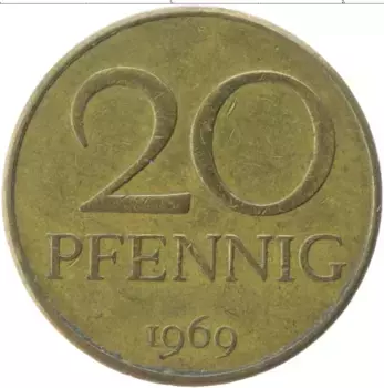 Монета 20 пфеннигов ГДР 1969 года Латунь