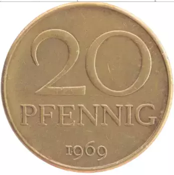 Монета 20 пфеннигов ГДР 1969 года Латунь