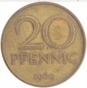 Монета 20 пфеннигов ГДР 1969 года Латунь