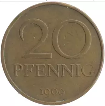 Монета 20 пфеннигов ГДР 1969 года Латунь