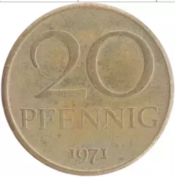 Монета 20 пфеннигов ГДР 1971 года Латунь