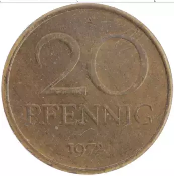 Монета 20 пфеннигов ГДР 1972 года Латунь Редкий год