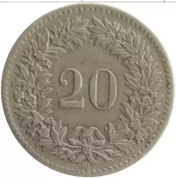 Монета 20 рапп Швейцарии 1850 года Серебро
