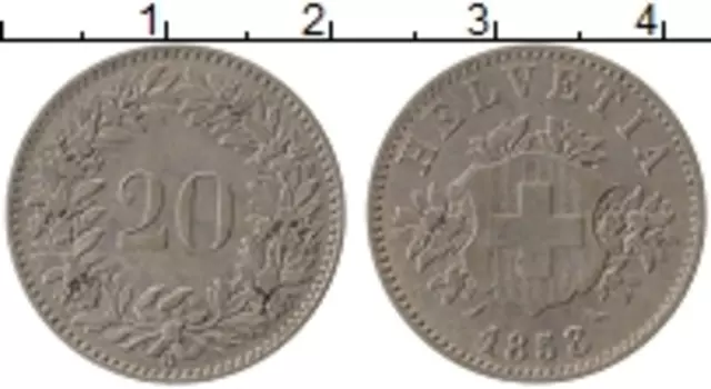 Монета 20 рапп Швейцарии 1858 года Серебро