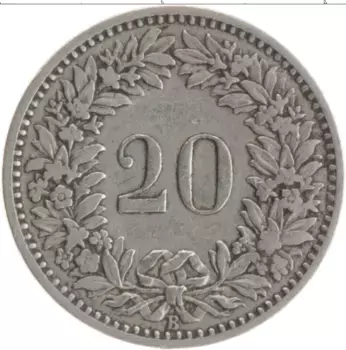 Монета 20 рапп Швейцарии 1881 года Медно-никель