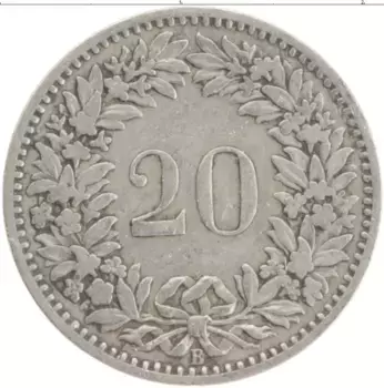 Монета 20 рапп Швейцарии 1883 года Медно-никель