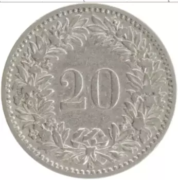 Монета 20 рапп Швейцарии 1883 года Медно-никель