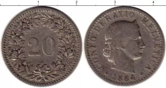 Монета 20 рапп Швейцарии 1884 года Медно-никель