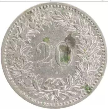 Монета 20 рапп Швейцарии 1884 года Медно-никель