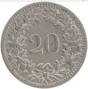 Монета 20 рапп Швейцарии 1885 года Медно-никель