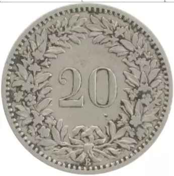Монета 20 рапп Швейцарии 1885 года Медно-никель