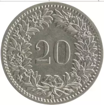 Монета 20 рапп Швейцарии 1885 года Медно-никель