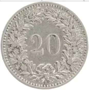 Монета 20 рапп Швейцарии 1894 года Медно-никель