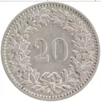 Монета 20 рапп Швейцарии 1903 года Медно-никель