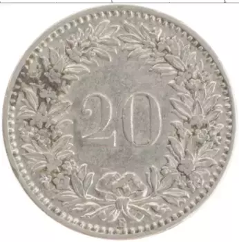 Монета 20 рапп Швейцарии 1920 года Медно-никель