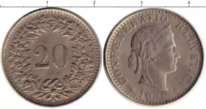 Монета 20 рапп Швейцарии 1939 года Медно-никель