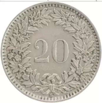Монета 20 рапп Швейцарии 1939 года Медно-никель