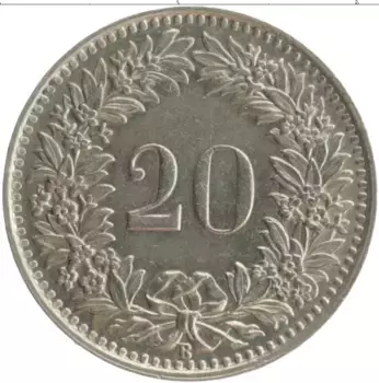 Монета 20 рапп Швейцарии 1939 года Медно-никель