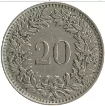 Монета 20 рапп Швейцарии 1939 года Медно-никель
