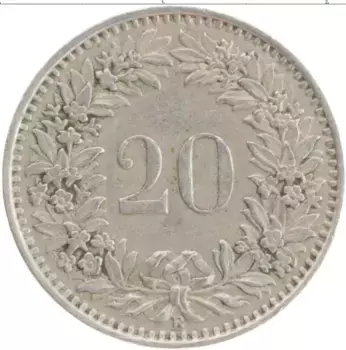 Монета 20 рапп Швейцарии 1943 года Медно-никель