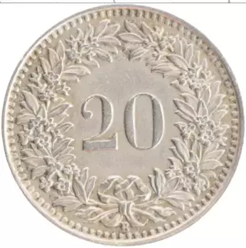 Монета 20 рапп Швейцарии 1943 года Медно-никель