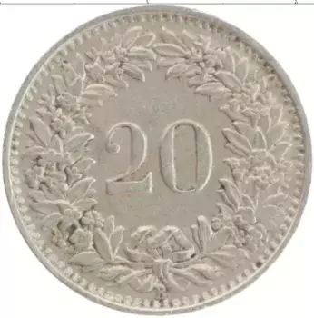 Монета 20 рапп Швейцарии 1944 года Медно-никель